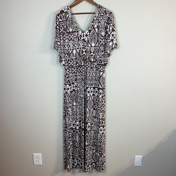 Tori Richards Honolulu Dress Medium Brown White Printed Maxi Flutter Sleeveless - Picture 5 of 9